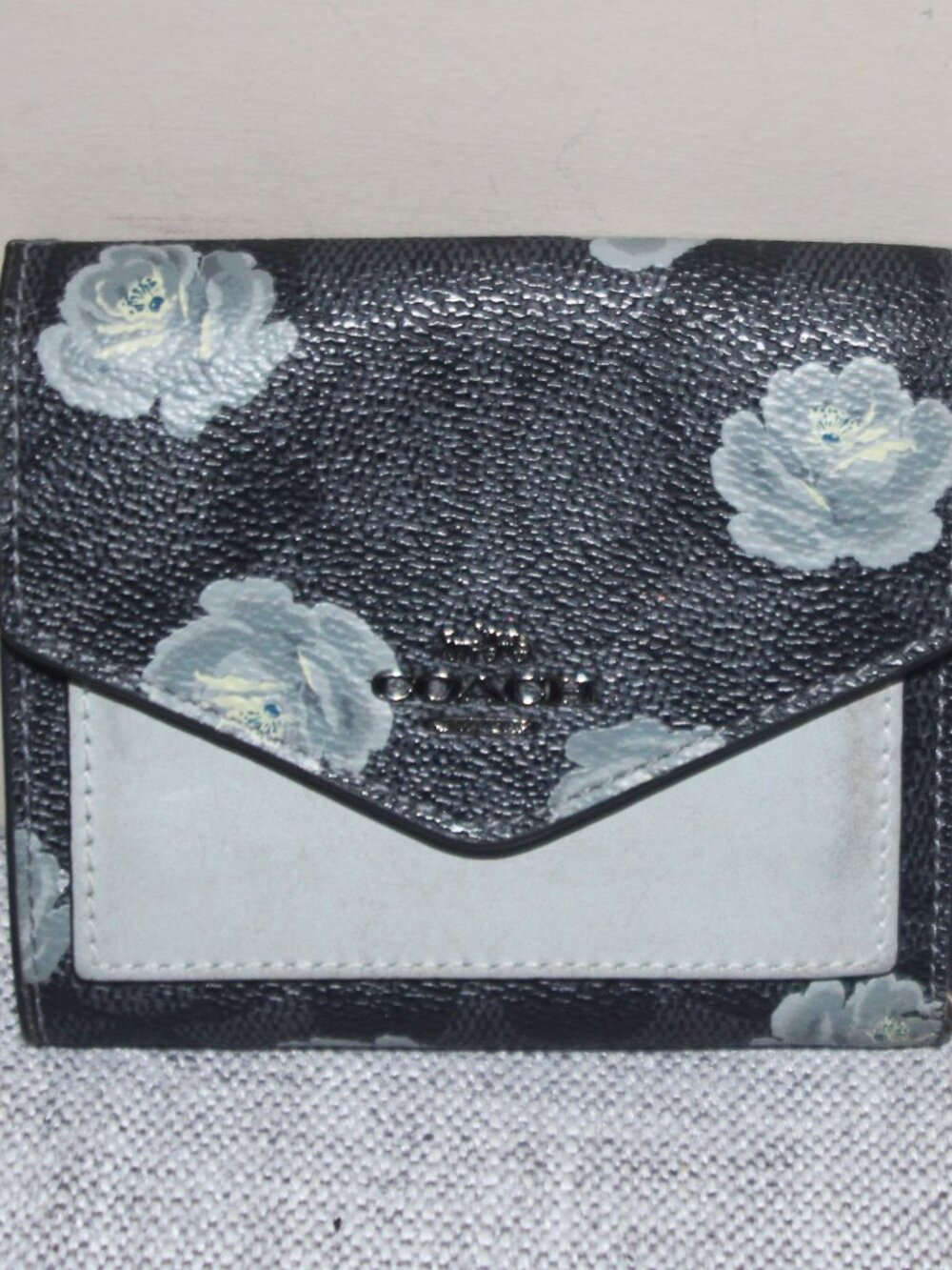 Coach Black Floral Envelope Card Case with Light Gray Accent